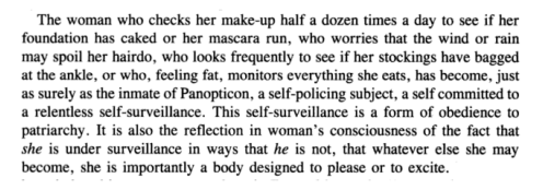 soracities:  “Male fantasies, male fantasies”1. John Berger, Ways of Seeing2. Adrienne Rich, Of Woman Born3. Susan Lee Bartky,   Femininity and Domination: Studies in the Phenomenology of Oppression  4. Theodora Hermes, “Reflections in Contemporary