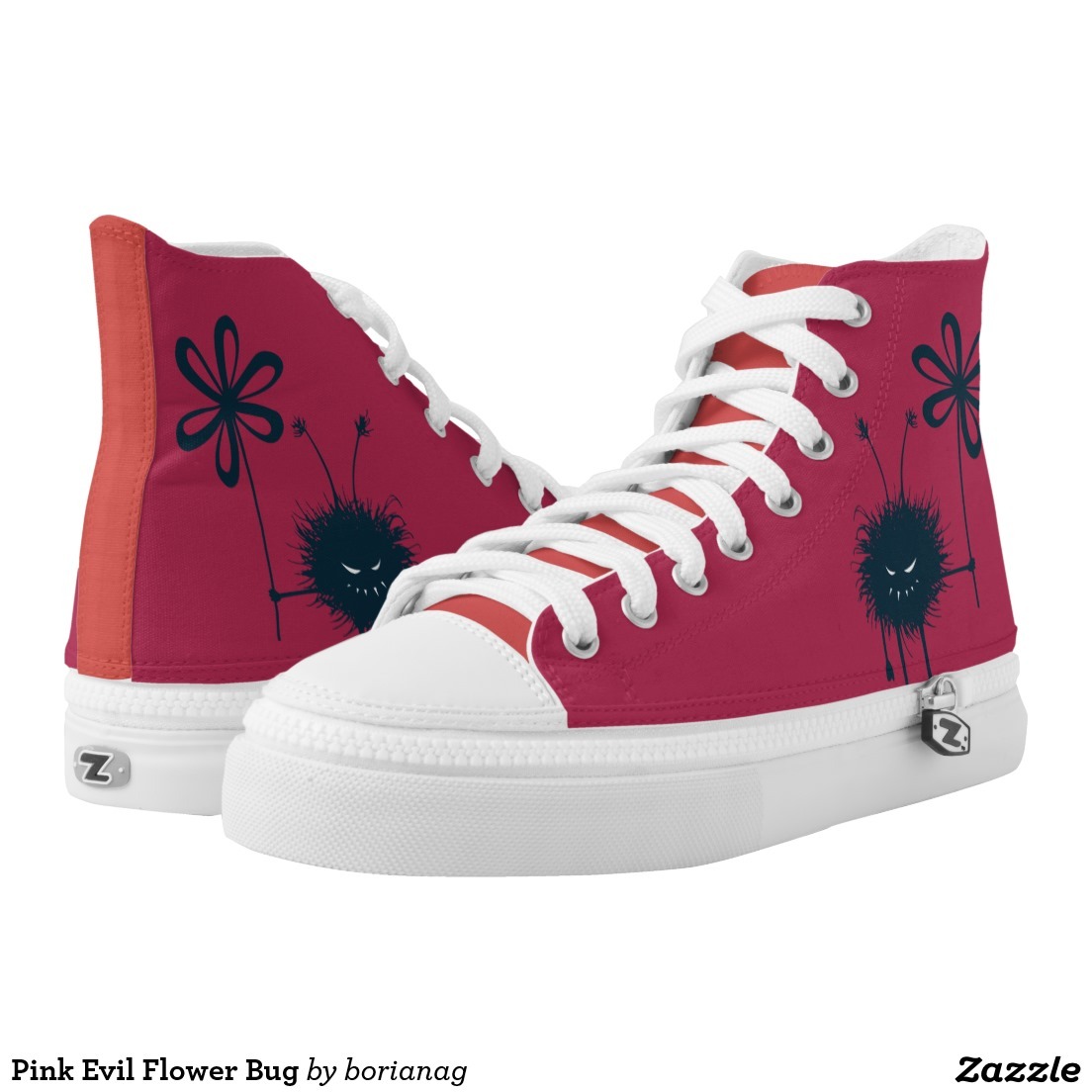 Pink Evil Flower Bug Printed Shoes - $96.20 Made by Delta Custom Customizable funny evil design with a dark blue Evil Flower Bug over pink background with tongues in lovely red color. It’s evil and kind of cute. It loves flowers… loves eating them,...