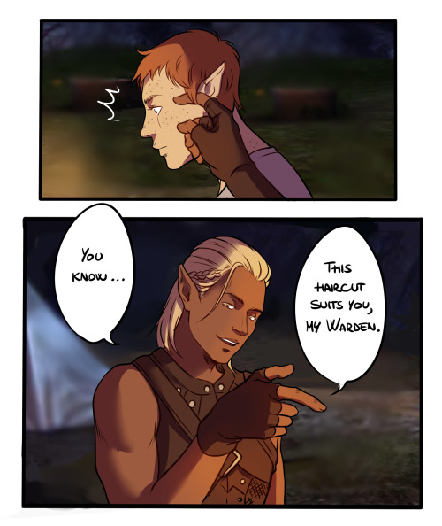 hanatsuki89: Old comic about my Tabris Warden (she pronouns!!) and Zevran that was left in my half-d