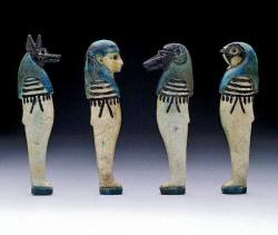 amntenofre:  amulets of the Four Sons of Horus:from left to right, Duamutef (jackal-headed), Imseti, Hapi (baboon-headed), and Qebehsenuef (falcon-headed).Dated to the XXI Dynasty (ca. 1070-945 BCE). Now in the British Museum…  