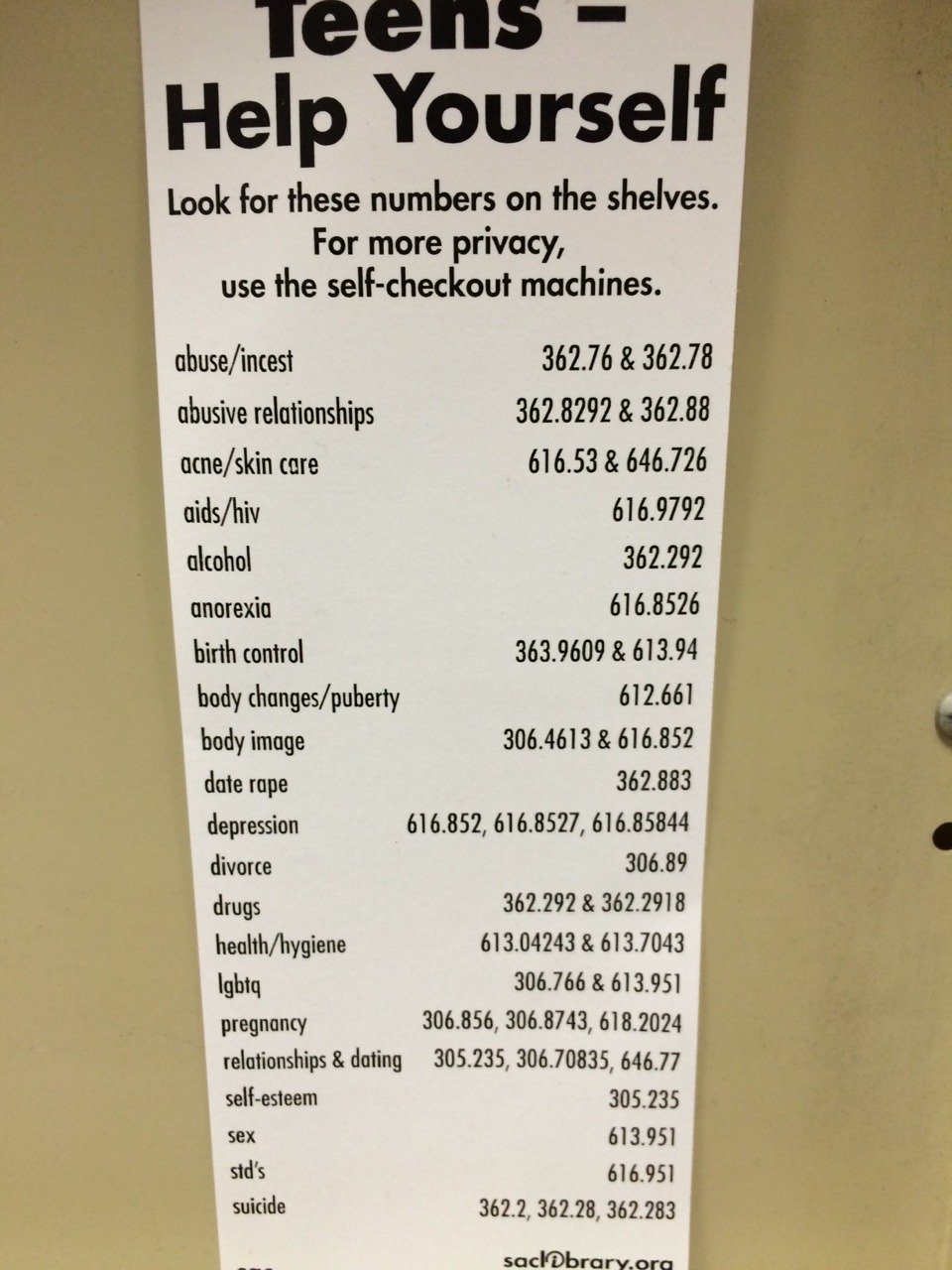 kungfucarrie:
“ thessalian:
“ oracleanne:
“ good-night-white-pride666:
“ Really happy to see this at my local library
”
OOOOH. *happy YA librarian dance*
”
I want this in every library, everywhere. After all, some kids won’t even google this stuff...