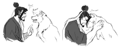 suzannart: Hanzo has a big soft spot for dogs and he’ll even take in strays They end up being very well-trained and he loves them to pieces, but he knows he can’t keep them all so it’s always a bittersweet thing 