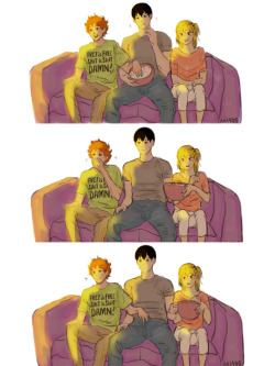 dorkishdorkish1905: He probably won’t kill Hinata in front of Yachi.  When I saw this gif I couldn’t stop laughing and those idiots instantly came to mind. There’s an extra pic I’m too shy to add here. Hinata’s shirt has the real prototype from