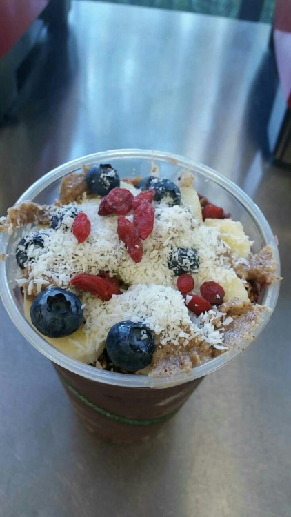 An Acai bowl I made at work!Freshly made almond milk, banana, 2 Acai packs, and strawberries all ble