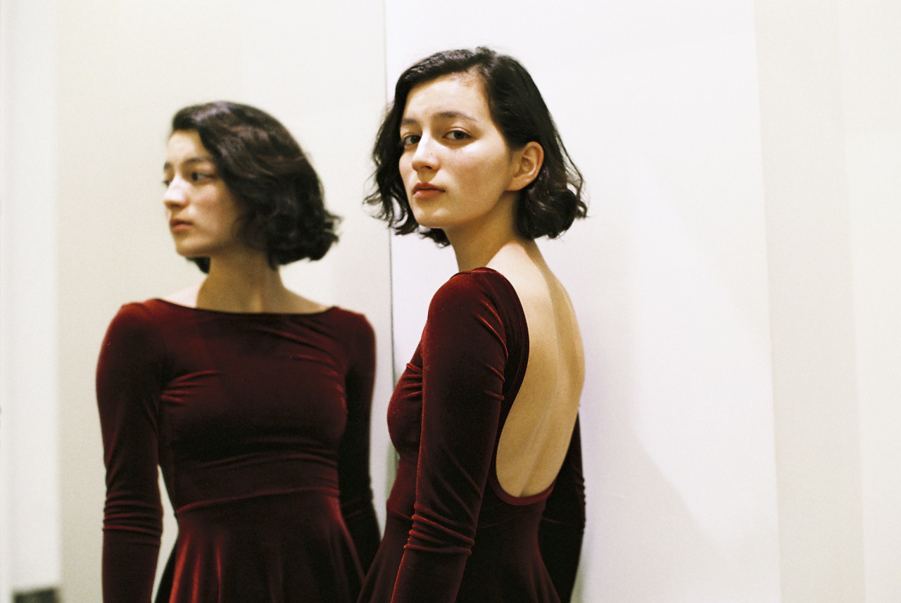 americanapparel:  Haya in the NEW Long Sleeve Velvet Skater Dress. 