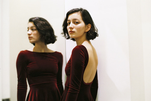 americanapparel:  Haya in the NEW Long Sleeve Velvet Skater Dress. 