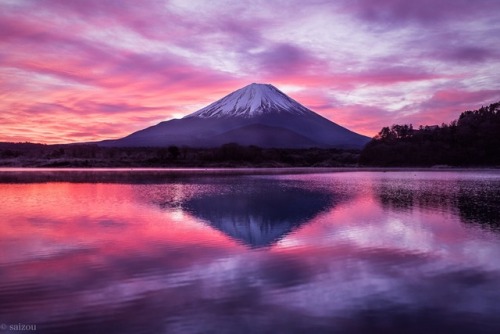 精進湖から見る富士の朝焼け