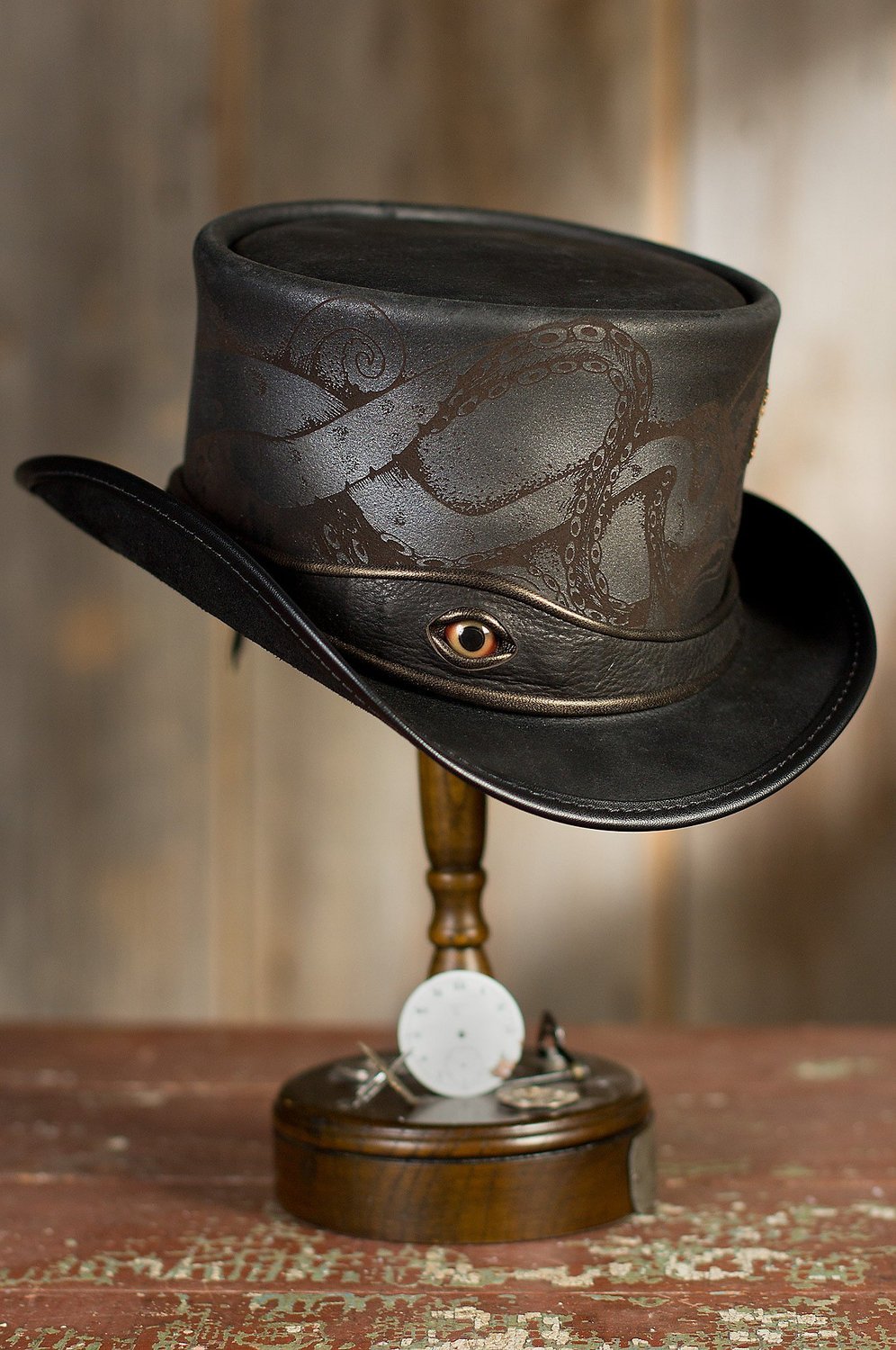 steampunktendencies:    Made in U.S.A Steampunk Kraken Leather Top Hat by SteampunkHatter.com