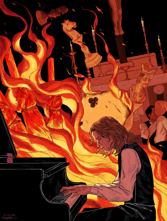 Fanart depicting Lestat from the TV version of Interview with the Vampire, playing piano while fire rages in the background.