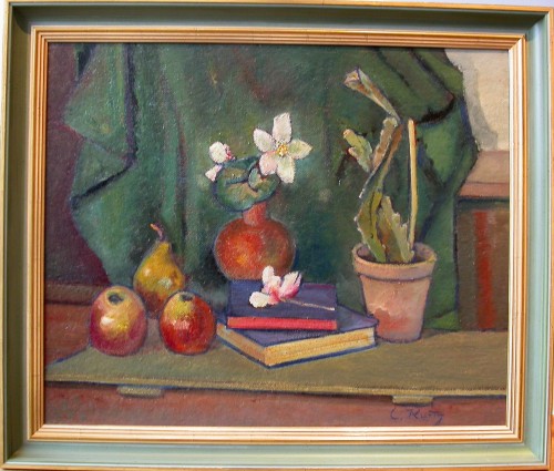 cactus-in-art:Camillo Kurtz (Austrian, 1896-1973)Gefallene Blüte auf Büchern mit Kaktus