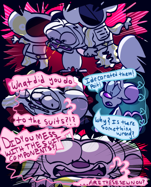 Part II - Page 11Transcript:BRAIN: What did you do to the suits?!?!PINKY: I decorated them! Poit! Wh