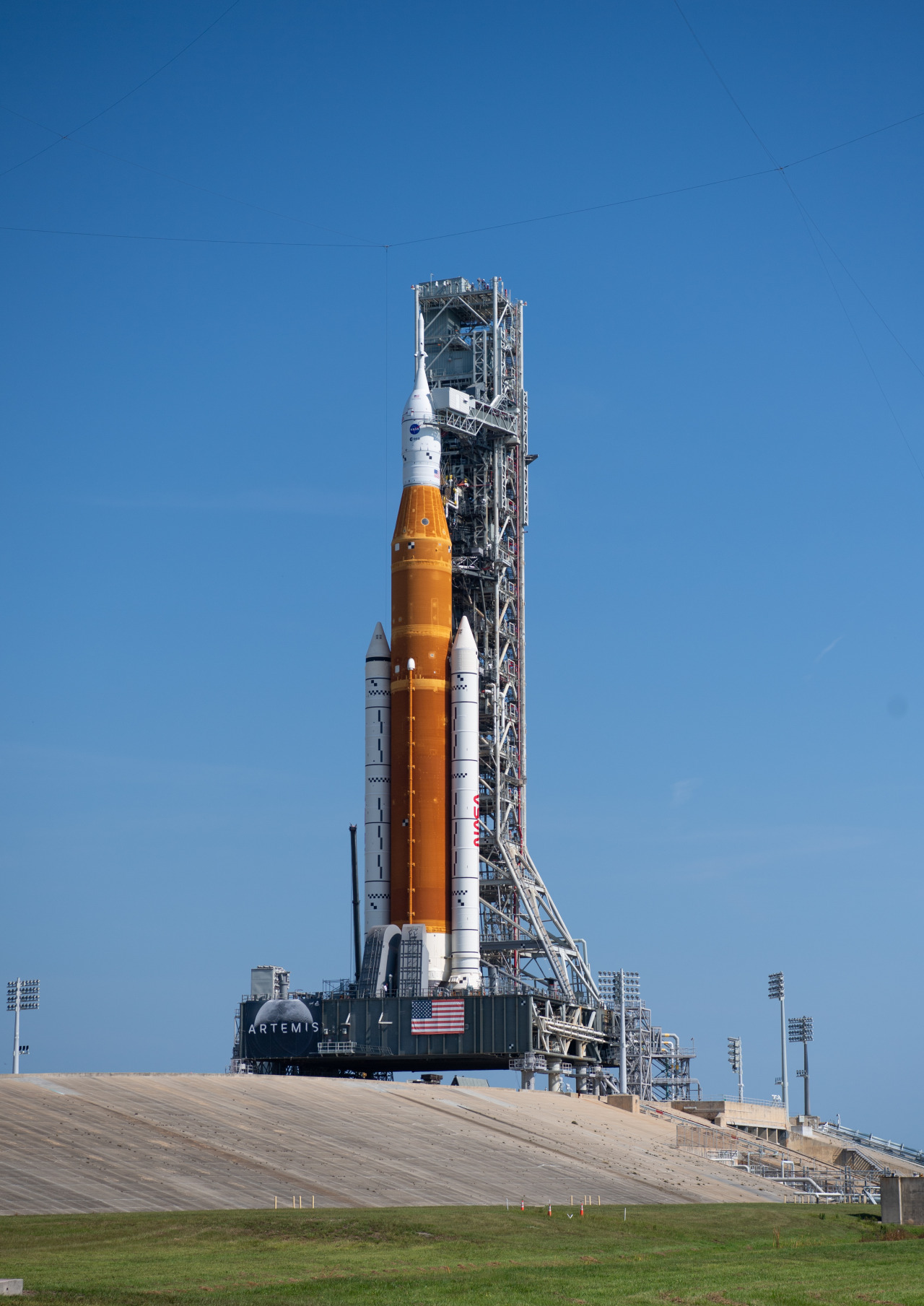 NASA’s Space Launch System (SLS) rocket with the Orion spacecraft aboard is seen atop a mobile launcher at Launch Pad 39B after being rolled out to the launch pad at NASA’s Kennedy Space Center in Florida.