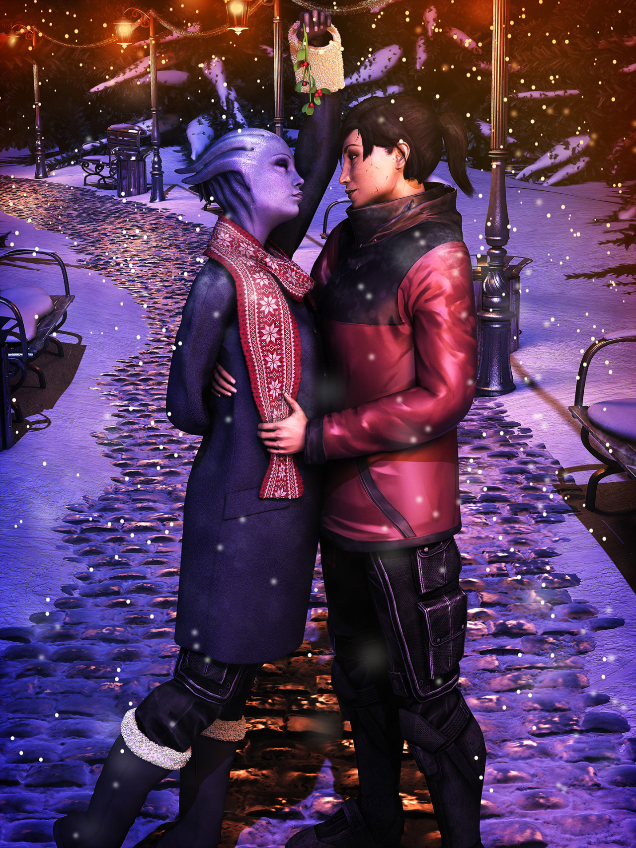 asarimaniac:   Kira and Liara taking a night time walk through the snowy park.  