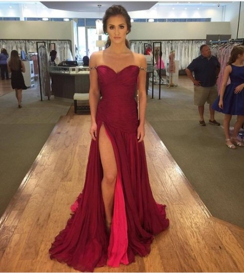 misaislestylecom: Fashion Sexy Slit Off Shoulder Beaded Sleeves Burgundy Prom Dress