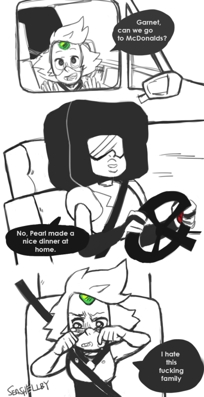 seashellbyart:  notallpearls:  Peridot: Garnet can we please go to McDonalds?Garnet, gently: No Peridot, Pearl made a nice dinner at homePeridot *wipes away tears*: I hate this fucking family   i did the do 