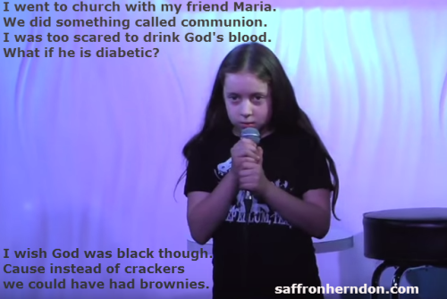 Saffron Herndon a 10 years old from Dallas, Texas, performing as a stand up comedian. Many of her in