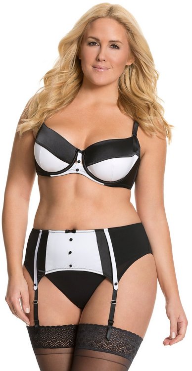 Nicole LeBris in Lane Bryant Tuxedo Demi bra & Garter belt set