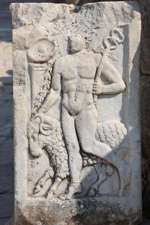 A Carving of Hermes at Ephesus, Turkey. Here Hermes is depicted with his herald’s staff and wi