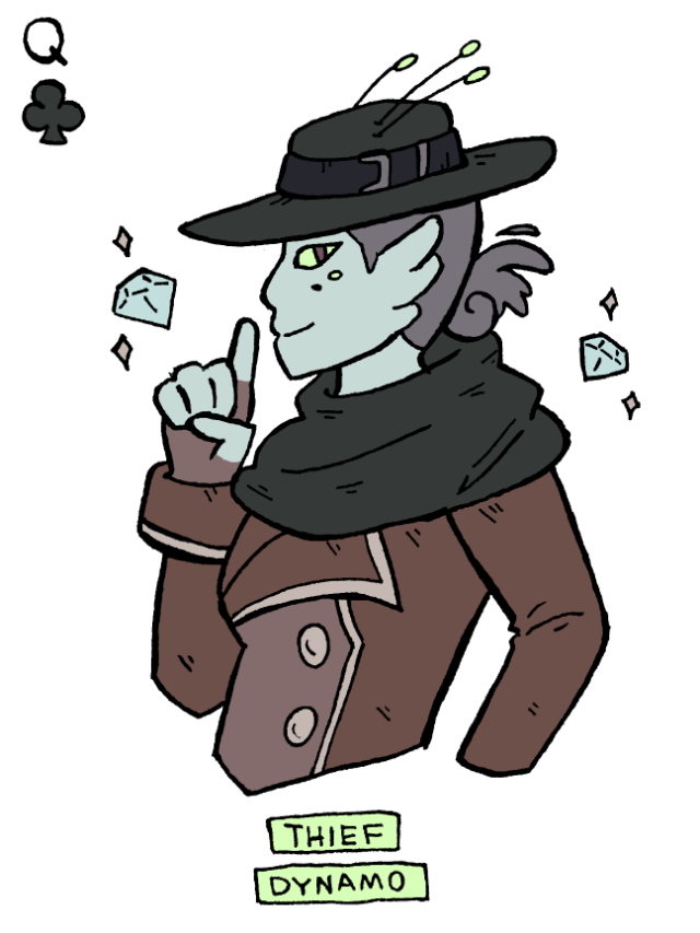 Dynamo, a greenish-grey Skydancer woman, holding a finger to her lips and looking back with a sly expression. She has grey hair pinned into a low bun and off-color Shadow eyes. She's wearing a black fedora, matching black scarf, and a leather trenchcoat. She is labeled as the Queen of Clubs.