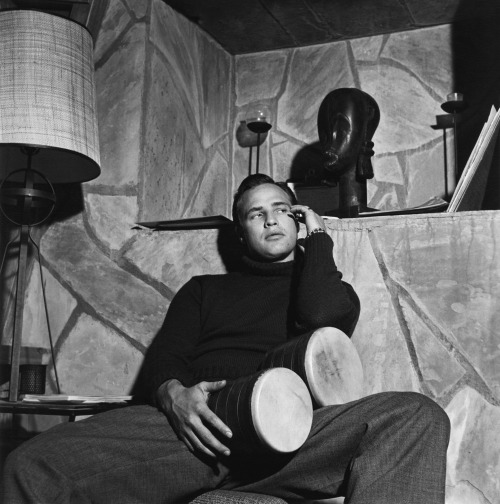 agelessphotography: Marlon Brando with Bongo Drums in the Den of His Beverly Glen Home, Sid Avery, 1