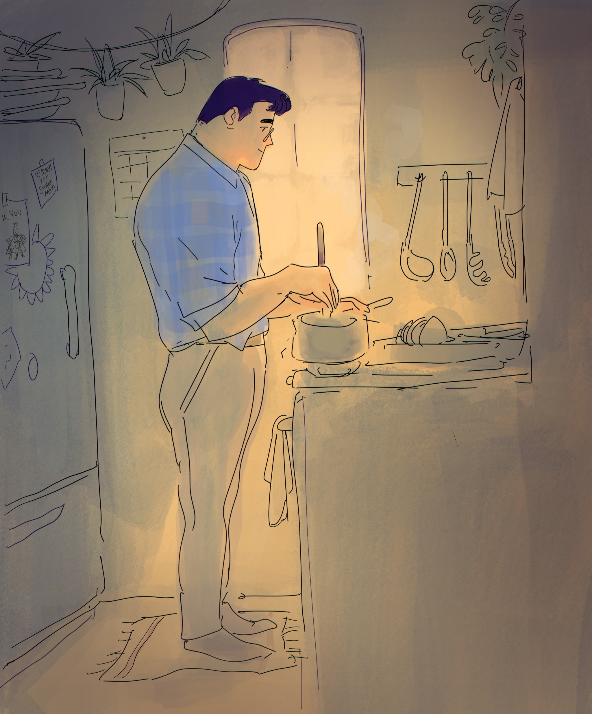 fanart drawing of Clark Kent stirring something on a stove in a kitchen