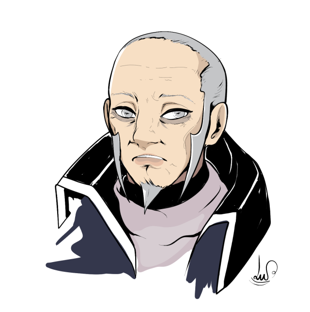 Bust of Warden Ingo from Pokemon Legends Arceus. Not wearing his hat, his hairline is receding, his forehead is slightly wrinkled, and his eyebrows are thin to the point of being near non-existent. He's making a fairly neutral expression, mouth in a slight frown.