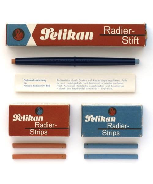 Eraser pencil and Eraser strips, 1964. Pelikan, Germany. Via Lexikaliker.