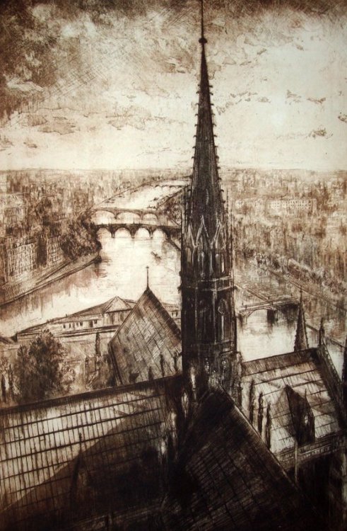 huariqueje:View from the Bell Tower Notre Dame, Paris    -   Michael BondBritish, b.Drypoint with aq