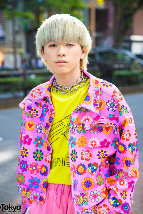 tokyo-fashion:  19-year-old Japanese student Kanade on the street in Harajuku. He’s wearing a pink floral jacket by Kobinai over a DODODO t-shirt, pink vintage pants, and pink Vans sneakers. Full Look