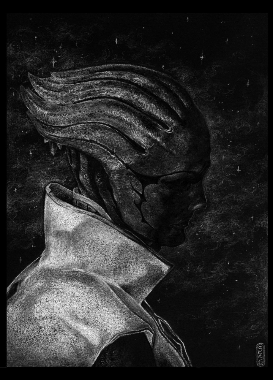 Aria T’Loak from Mass Effect, drawn with white and grey pencils on black paper.
Queen of the universe and also my heart.