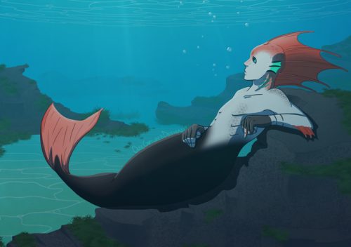 [Image Description: A digital piece of a mermaid leaning against a rock on the sea floor. The mermai