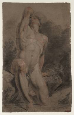 blastedheath: Joseph Mallord William Turner (English, 1775-1851), Academy Study of a Kneeling Male Nude with Upraised Head and Arm in a Landscape Setting, c. 1794-95. Chalk on paper. Tate Gallery. 