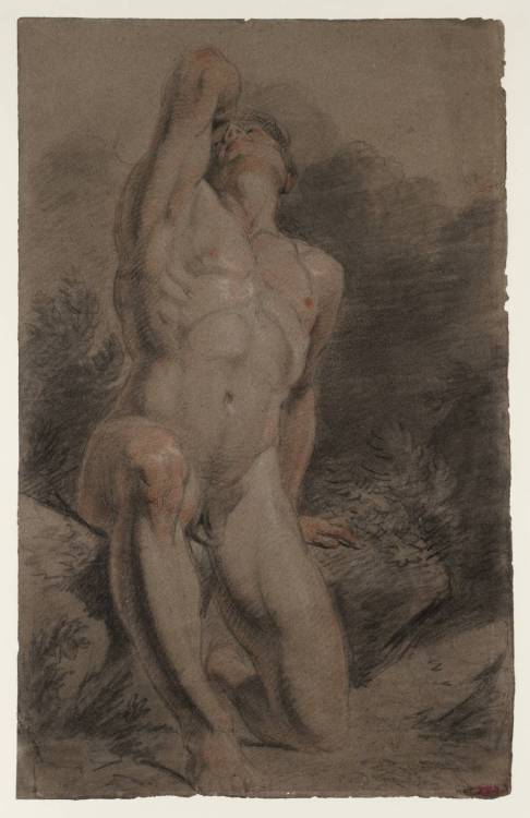 homopicshomoart:blastedheath:  Joseph Mallord William Turner (English, 1775-1851), Academy Study of a Kneeling Male Nude with Upraised Head and Arm in a Landscape Setting, c. 1794-95. Chalk on paper. Tate Gallery.   —————————————————————Joseph