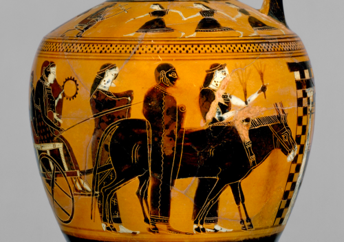 10-dutchies-12-bicycles:via-appia:Terracotta lekythos, a wedding procession Greek, Attic, ca. 550–53