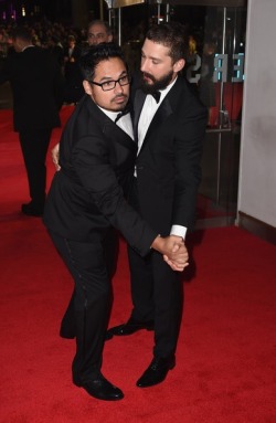 fuckyeahthankgodforbeef:  Shia and Michael Pena at the “Fury” - Closing Night European Premiere Gala Red Carpet Arrivals - 58th BFI London Film Festival 