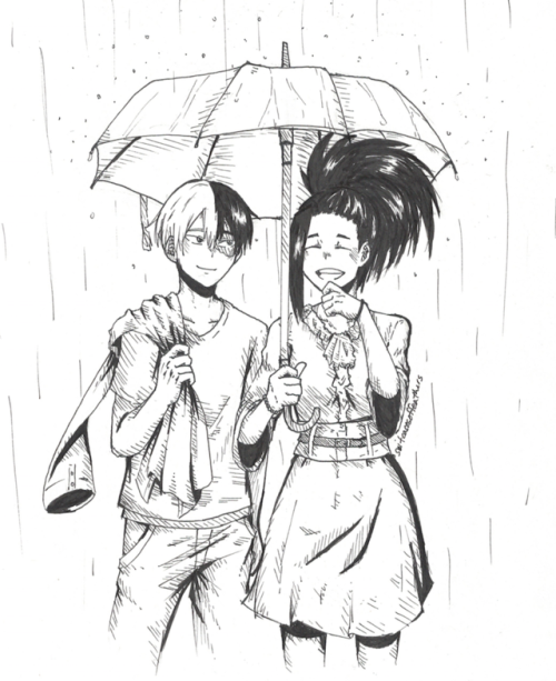 suitcasesoffeathers: Todomomo in the rain! (Todoroki Shouto x Yaoyorozu Momo) Seems Todoroki forgot his umbrella, so Momo offered hers hehe ((From Boku no Hero Academia)) this ship is so cute but idk why??? lol sorry 