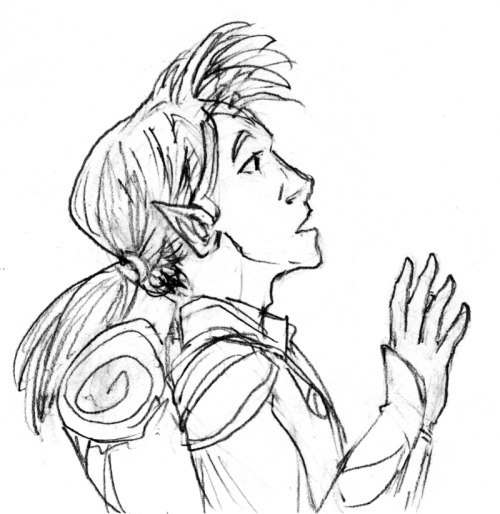 Cypress the elven coastal druid, looking up, his hand raised as if to touch something or wave? Not s