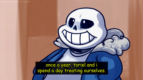 aliceapprovesart:  TREAT YO SELF to Undertale Even though Mettaton would more likely be Tom Haverford, Toriel and Sans hanging out makes me happy and I decided to TREAT. MYSELF. Dialogue and scenario from the Parks and Rec ep: “Pawnee Rangers” 