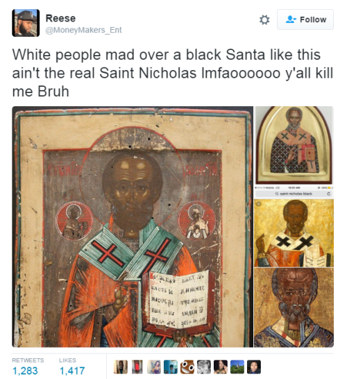 nevaehtyler: So um, let me get it straight - it is absolutely fine for white people to dress up as Native Americans, Egyptians, Geishas or do Black face for Halloween, but Santa can’t be Black? No, this is not how it works. “But Real Santa is white!”