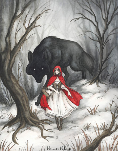 “As Little Red Riding Hood walked through the trees, she began to feel like she was being foll