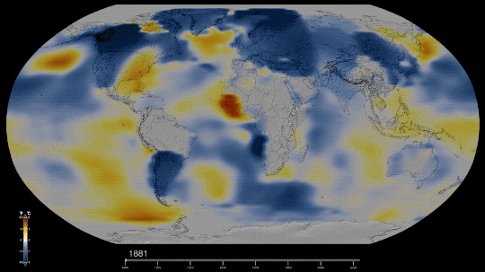 : Data visualization of global temperature anomalies progressing from 1880 to 2023 mapped onto Earth. The map uses color to represent anomalies, ranging from blue for below average temperatures, white for temperatures at baseline, and yellows ranging through oranges and reds to represent higher and higher than average temperatures. At the beginning of the time series, the map is primarily blues and whites, with a few spots of yellow, indicating that temperatures overall are below the baseline. As time progresses, the colors shift and move, with less and less blue and white and more and more yellow, then orange, and red. By 2023, the map is mostly yellow with lots of orange and red. The Arctic region, Europe, Asia, North America, central South America, and the Antarctic peninsula are all dark red, indicating the highest temperature anomalies. Credit: NASA’s Scientific Visualization Studio