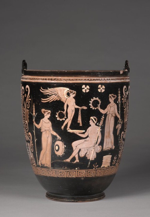 via-appia:Apulian Situla: Bellerophon riding Pegasus battling the Chimera, while Hermes and Athena l