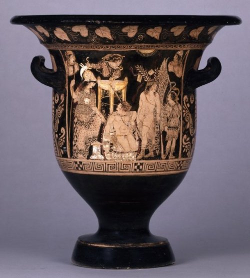 Pottery: red-figured bell-krater (wine-bowl) with Orestes kneeling beside the omphalos and tripod at