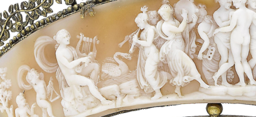 cair–paravel:Shell cameo diadem depicting the Three Graces and a festival, c. 1820-30 (via).