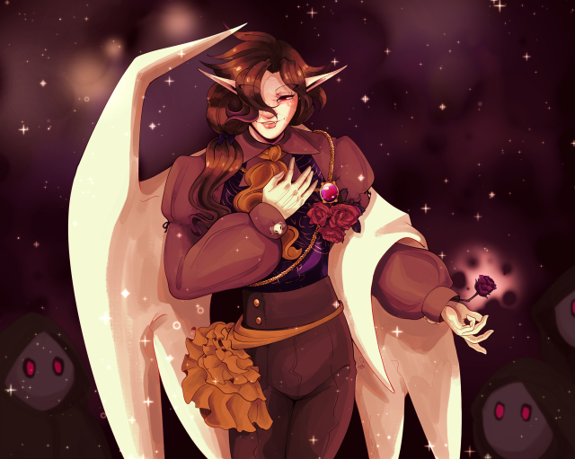 Master Big Star from Disgaea 3. His long hair is worn in a side ponytail slung over his right shoulder, and rather than his usual bright yellow outfit, he's wearing a dark purple waistcoat with golden embroidery, a dark pink puffy-sleeved blouse, dark maroon high-waisted breeches with golden buttons, a dark orange cravat and waist ruffle, white gloves, and his usual necklace gem as a broach secured by gold chains and decorated with roses. He's blooming a rose from his left wrist, while resting his right hand over his chest as though swearing loyalty. He's smiling with narrowed eyes. His left wing rests over his left arm, while his right wing is raised. The background is dark, lit by his sparkles and the red eyes of a few Spirit demons that are looking up at him.