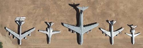 Size comparisons of a B-52 Stratofortress, B-1B Lancer, AFRC C-5 Galaxy, KC-135 Stratotanker, and a 