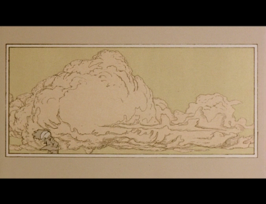 Still from 'Cloud', with the robot boy standing in front of a beautiful pencil drawing of a cloud.