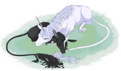 idaredisturbtheuniverse:Napping unicorns~Or, rather, unicorn and kirin. Taiki, the black kirin from 