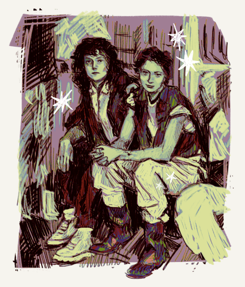 A digital drawing of Ellen Ripley and Joan Lambert, done in bright greens and muted purples and reds. They’re sitting next to each other on the spaceship, Lambert smiling coyly at the camera with her hands clasped in her lap, Ripley’s face set in a neutral expression next to her. Other parts of the environment, such as tubes behind them and other crew members sitting around them, are vaguely indicated. A handful of bright star designs float around the image.