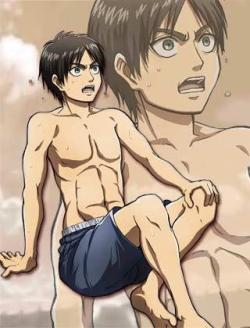 stoned-levi:  onee-sama-chan:  beatotsundere:  Eren Yeager and Jean Kirsstein swimsuit ver.  from SNK mobile game Where´s my beach king Levi?  OKAY SERIOUSLY EREN WORK OUT MAN JEAN HAS LIKE 6 PACKS AND MIKASA HAS LIKE 8   EREN’S TITAN HAS A FUCKIN